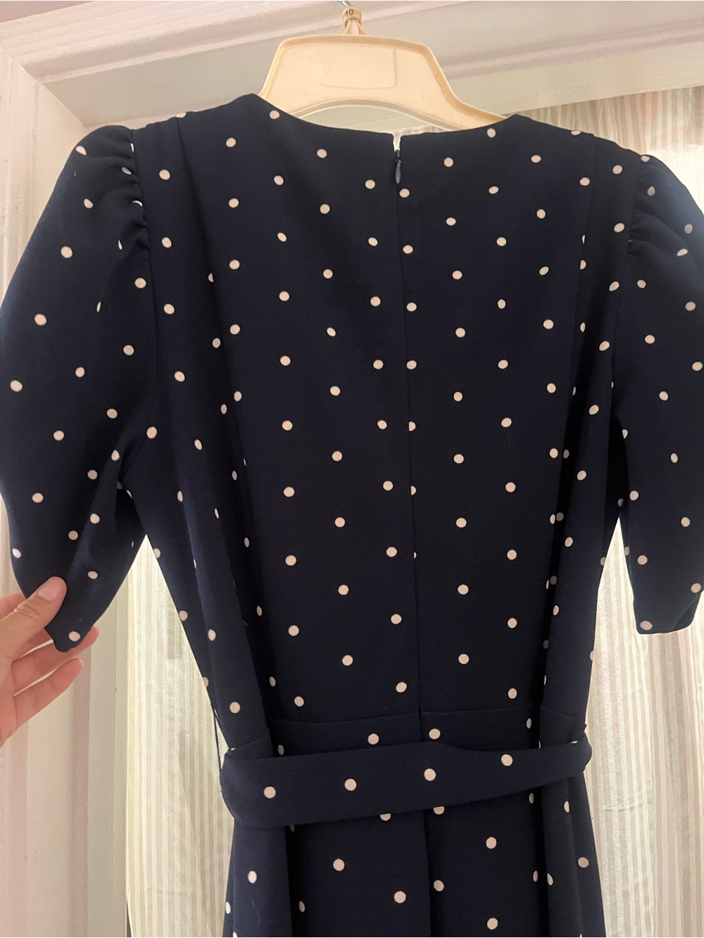 DKNY Navy and White Polka Dot Midi Dress with Puff Sleeves - Picture 5 of 6